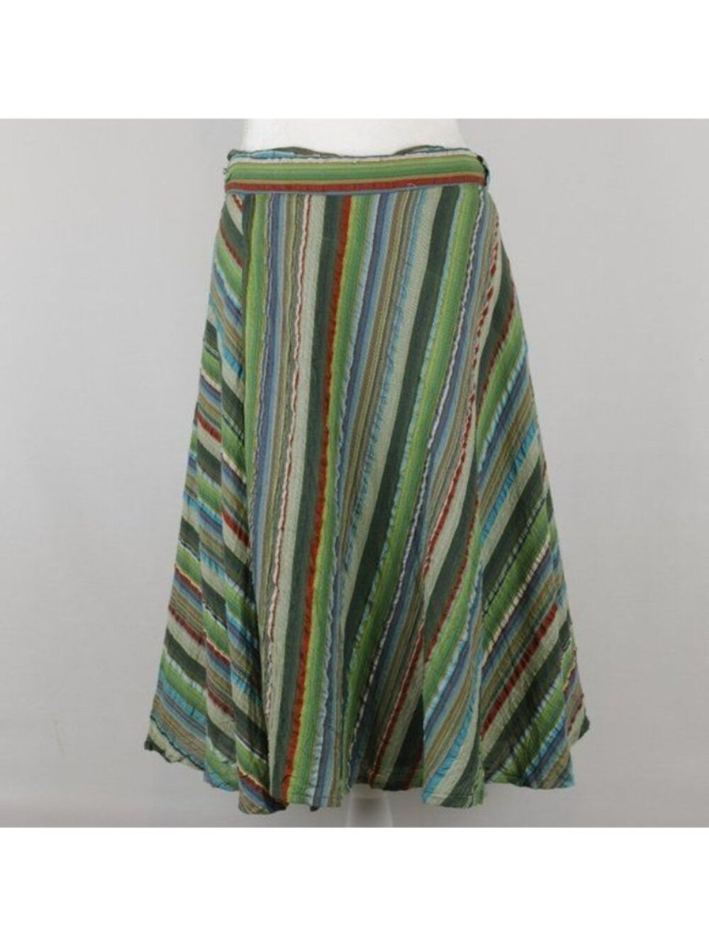 Nepalese Women's Adjustable Green Blue Striped Tie Wrap Knee Length Skirt